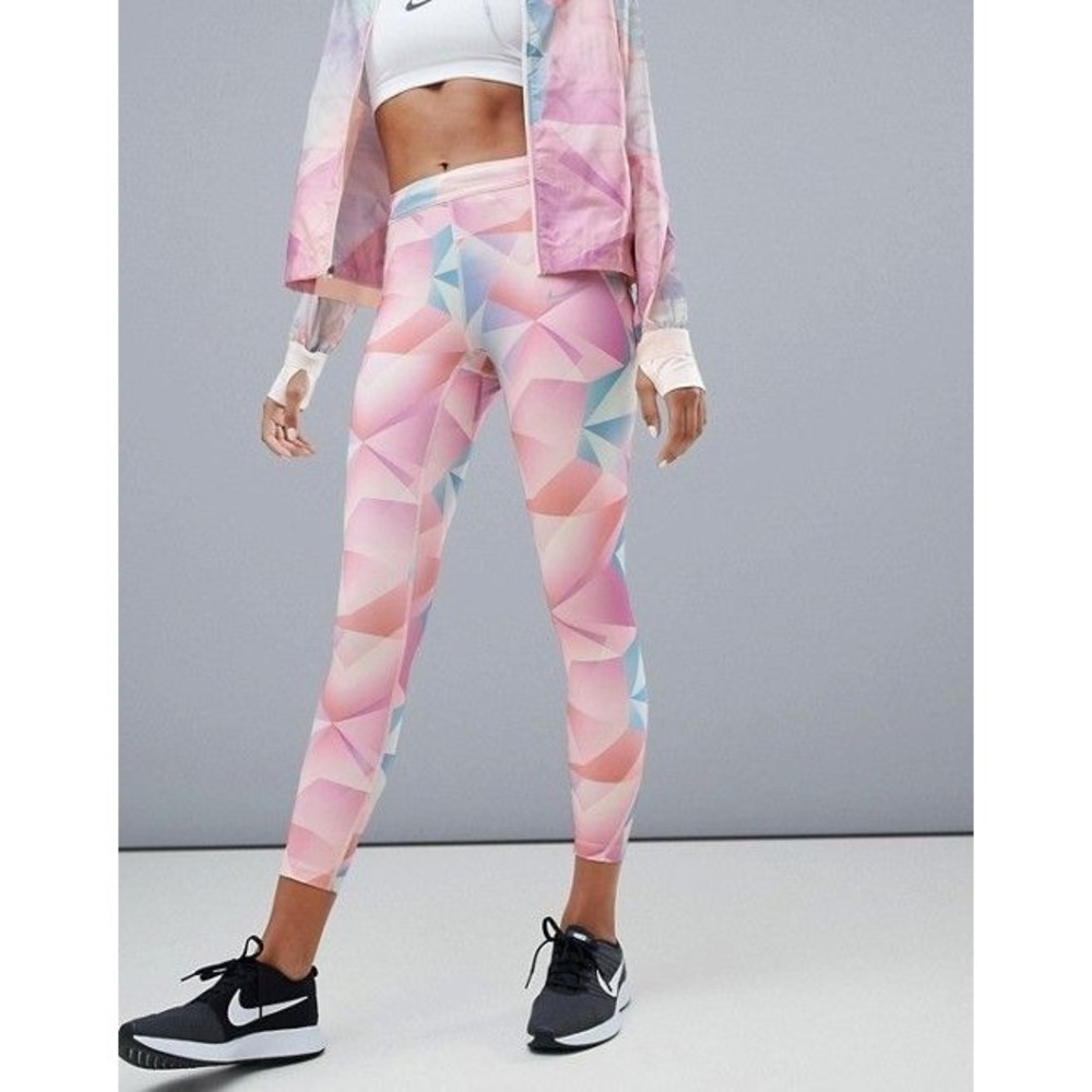 Nike Dri Fit Athletic Performance Leggings Pink Blue Pastel Faceted Multi EUC S